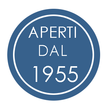 Un cerchio blu con la scritta aperti dal 1955