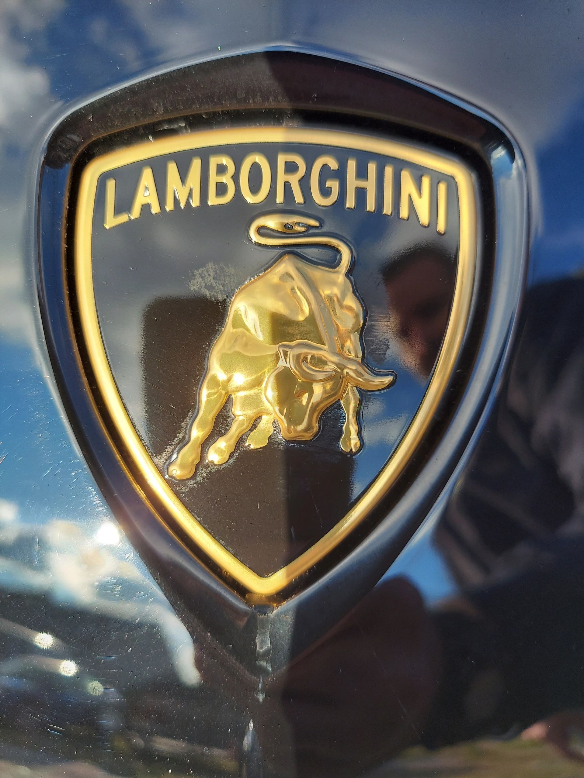 Lamborghini car emblem with a gold bull on a black shield, against a sky and person's reflection.