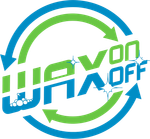 Logo for "Wax On Off" with blue and green arrows circling the blue and green text. Bubbles and sparkles are included.
