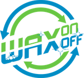 Logo for "Wax On Off" with blue and green arrows circling the blue and green text. Bubbles and sparkles are included.