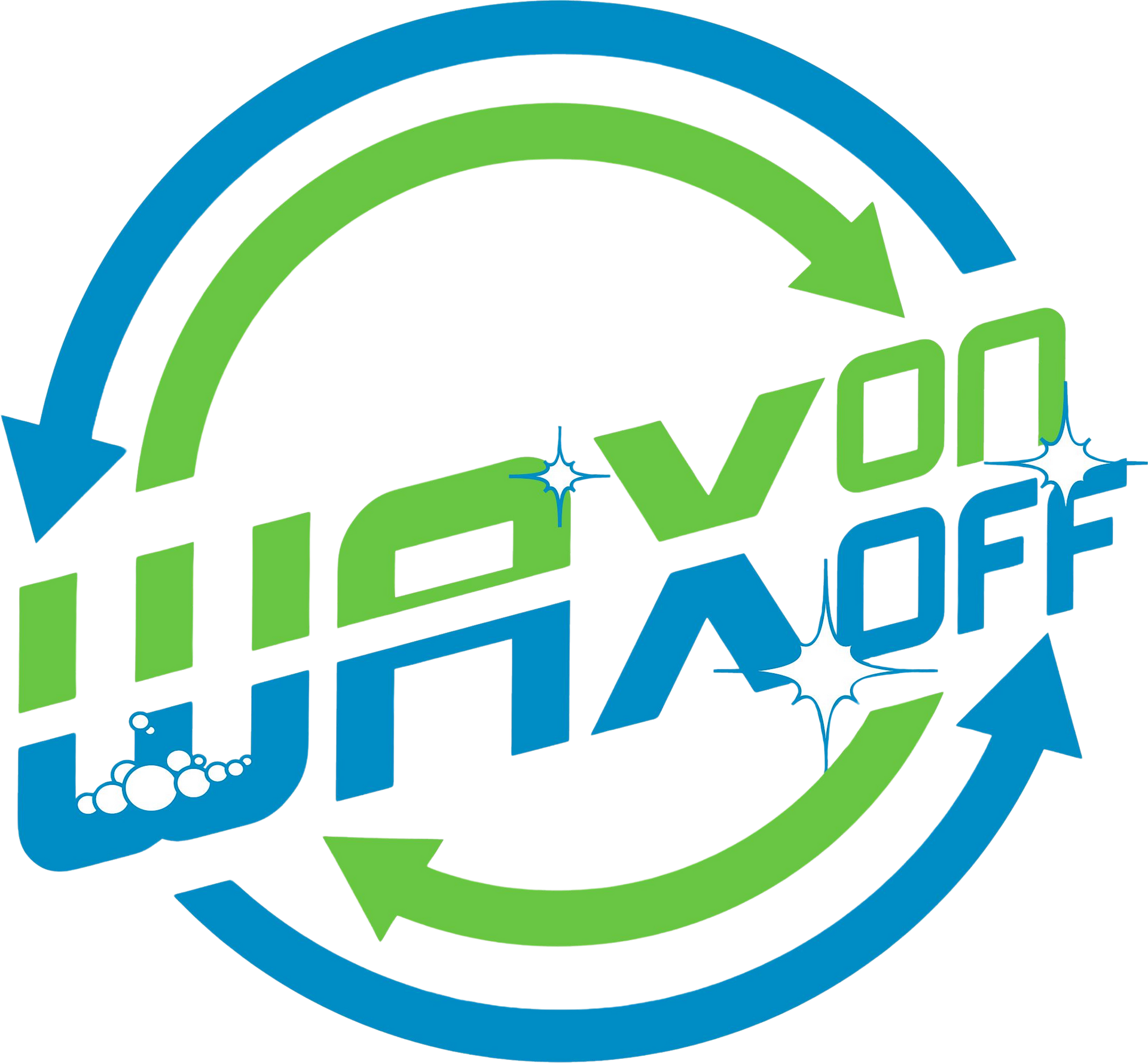 Logo for "Wax On Off" with blue and green arrows circling the blue and green text. Bubbles and sparkles are included.