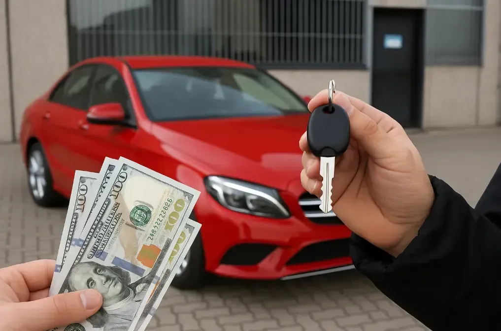 Person holding car key exchanging it for cash in front of a red car.