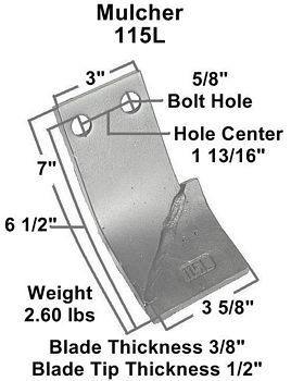 a diagram of a mulcher that shows the weight and blade thickness