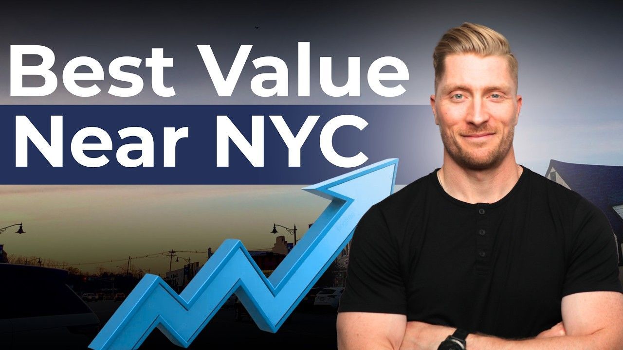 “Best Value Near NYC” text over a blue upward graph and a smiling man in front of a city skyline at dusk