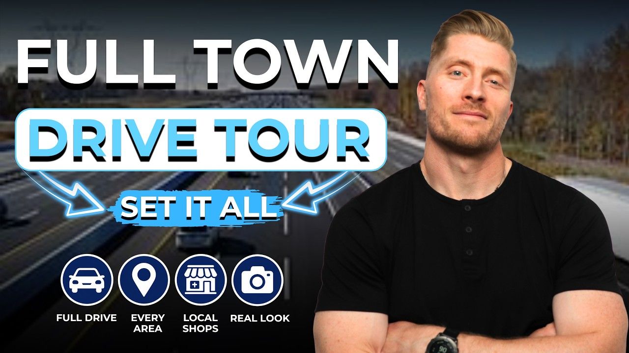 Full town drive tour thumbnail with man in black shirt and icons for full-time, rent, local, and real-time