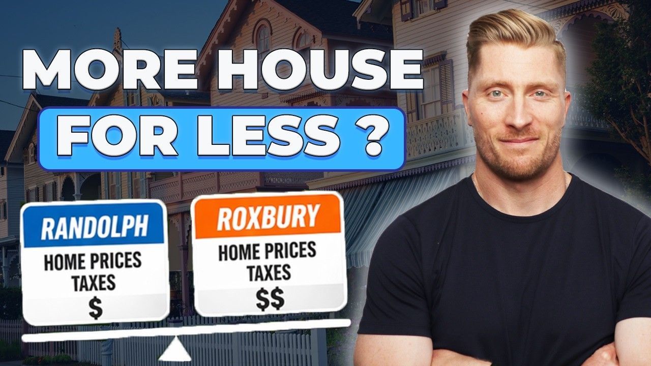 A man stands in front of a house graphic comparing home prices and taxes in Randolph versus Roxbury.