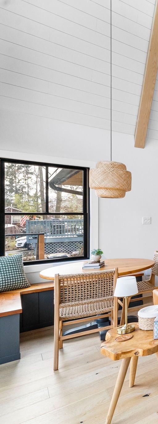 City skyline with skyscrapers and water. Blue sky and water, with some buildings in the foreground.