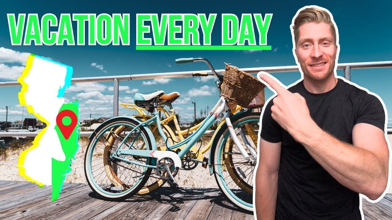 Man points at bicycles on a boardwalk in front of a NJ map graphic; 