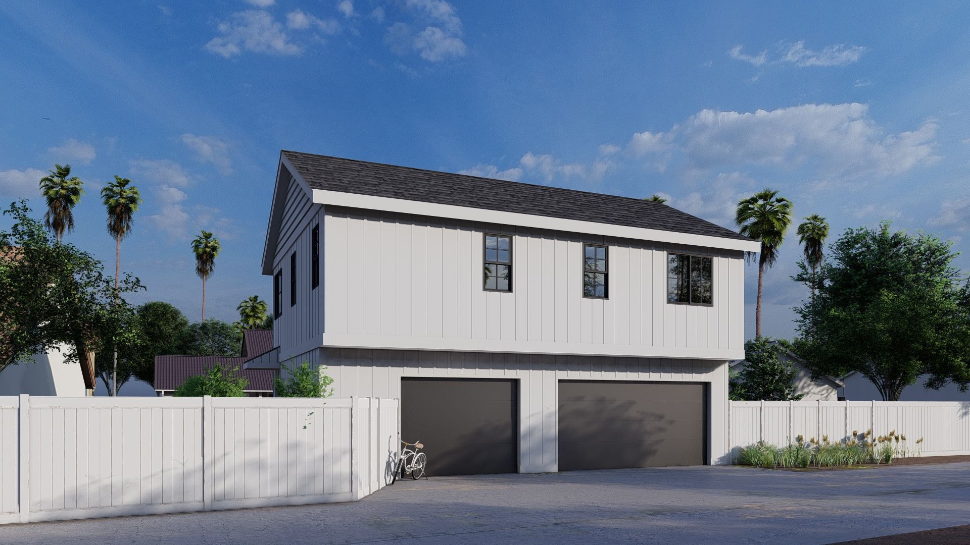 A two-bedroom carriage house style accessory dwelling unit (ADU), over a newly rebuilt three-car that was built in Long Beach, CA