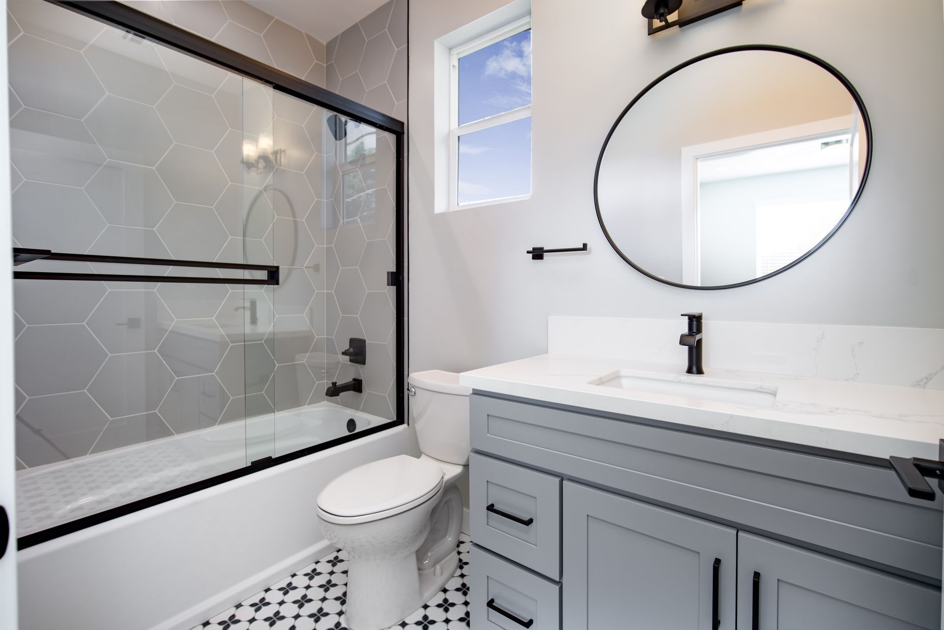 The private, ensuite, full bathroom in the master bedroom of an accessory dwelling unit (ADU) granny flat. 