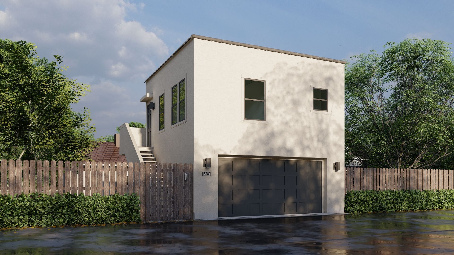 A one-bedroom carriage house style accessory dwelling unit (ADU) backyard home with garage facing an alley.