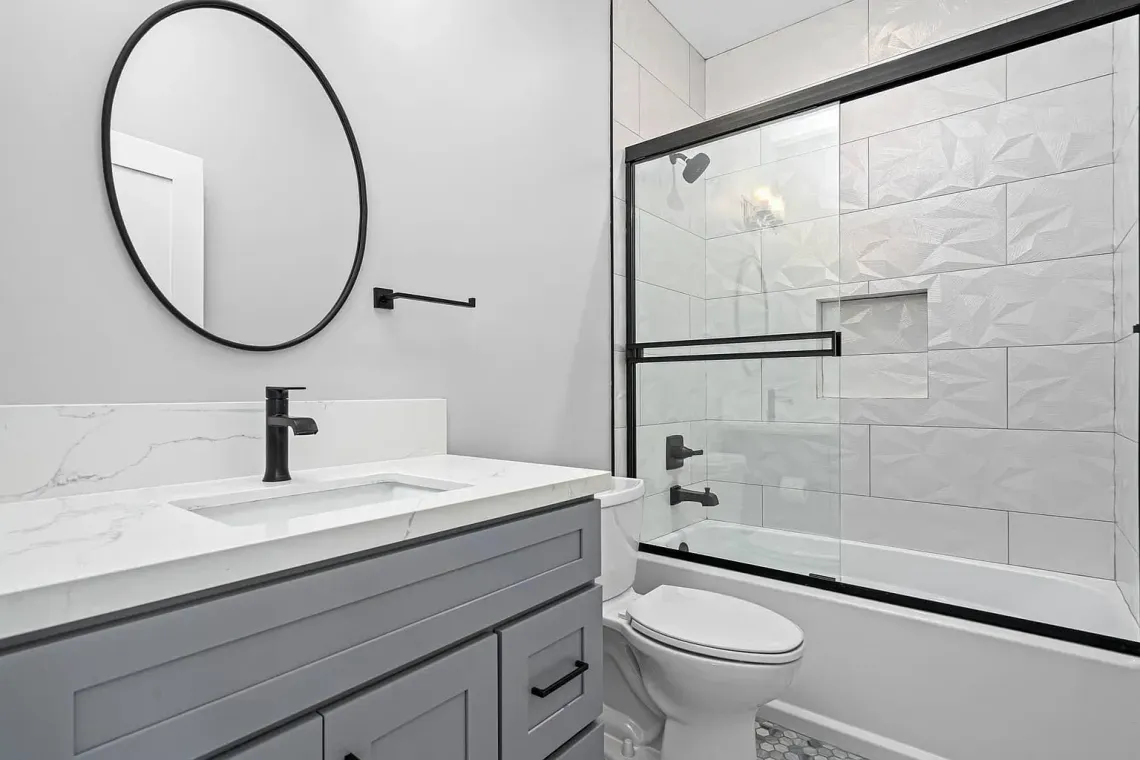 The private, ensuite, full bathroom in the master bedroom of an accessory dwelling unit (ADU) granny flat.