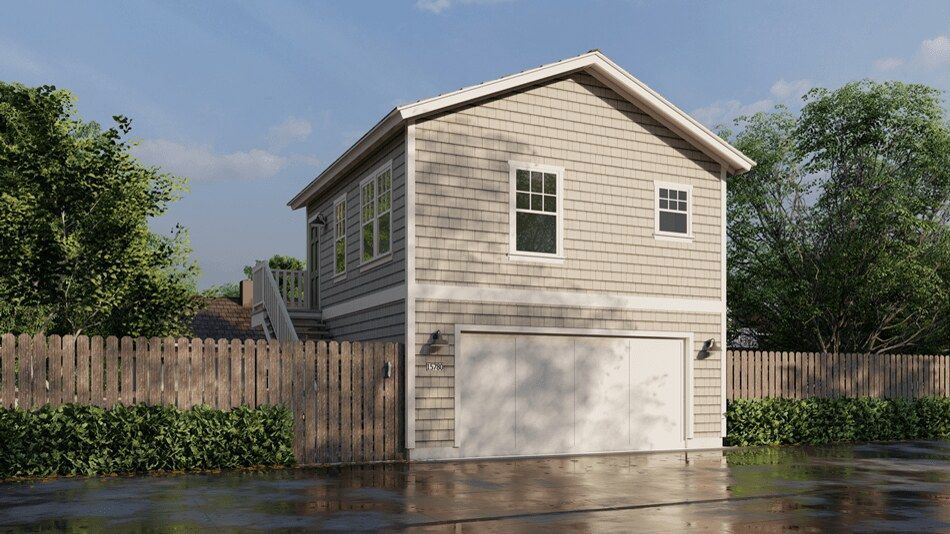 A one-bedroom carriage house style accessory dwelling unit (ADU) off an alley.