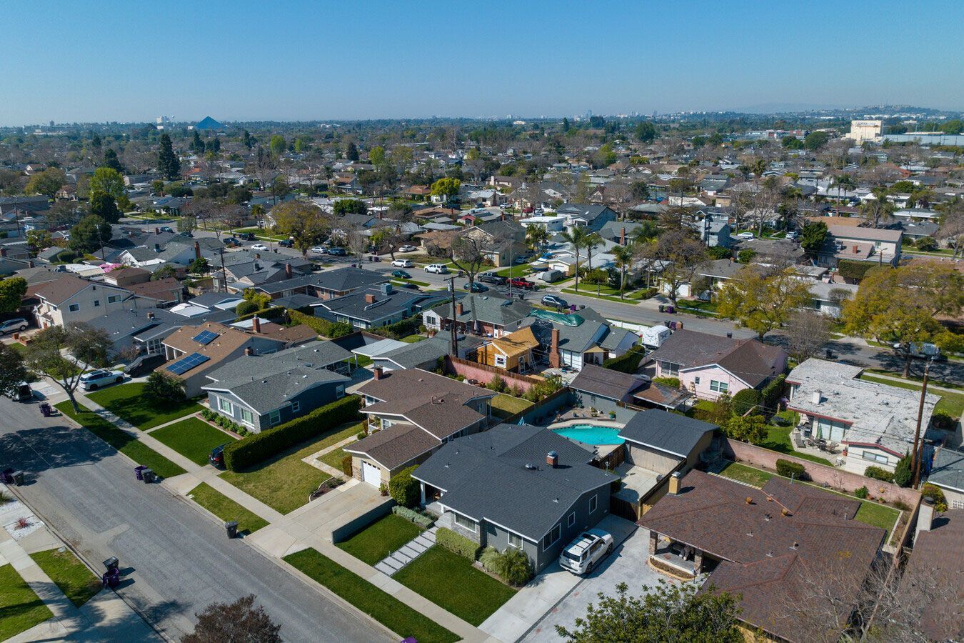 An overhead view of a residential neighborhood in Long Beach, CA; these houses are perfect for ADUs