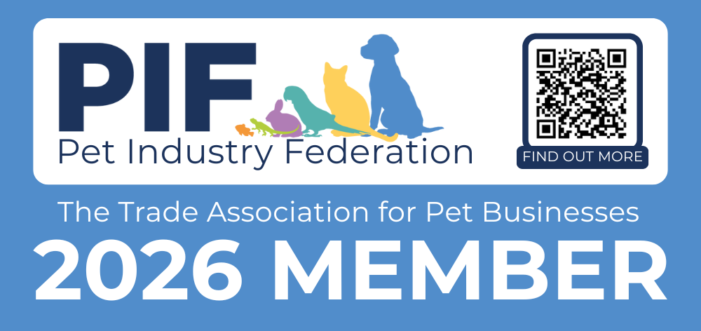 PIF (Pet Industry Federation) logo, featuring silhouettes of pets and a QR code, with 