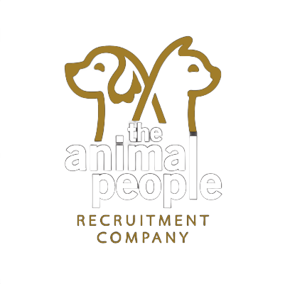 Logo for The Animal People Recruitment Company: Gold outline of a dog and cat, white text on gray.