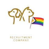 Gold outline of a dog and cat back-to-back above the words “Recruitment Company”