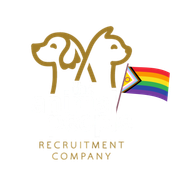 Gold outline of a dog and cat back-to-back above the words “Recruitment Company”