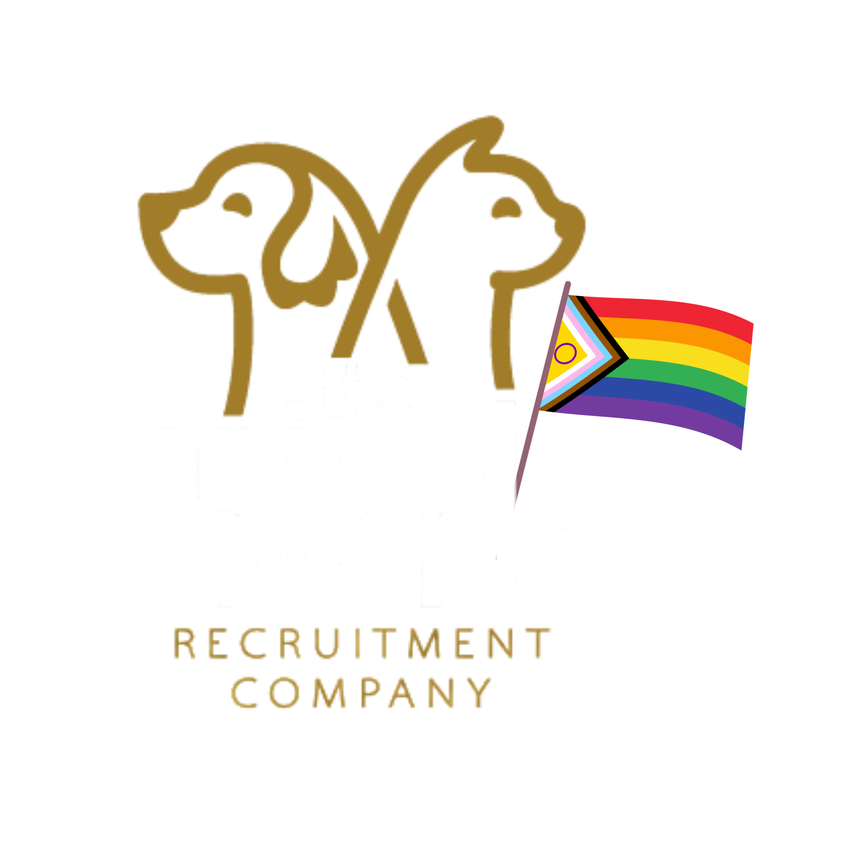 Gold outline of a dog and cat back-to-back above the words “Recruitment Company”