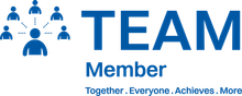 Blue icon of a leader connected to five team members, with the text 