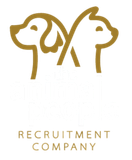 Gold outline of a dog and cat back-to-back above the words “Recruitment Company”