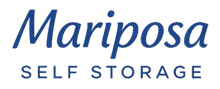 Logo for Mariposa Self Storage in blue script.