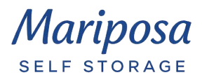 Logo for Mariposa Self Storage in blue script.