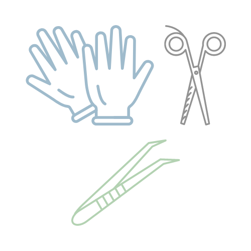 disposable gloves, scissors and tweezers