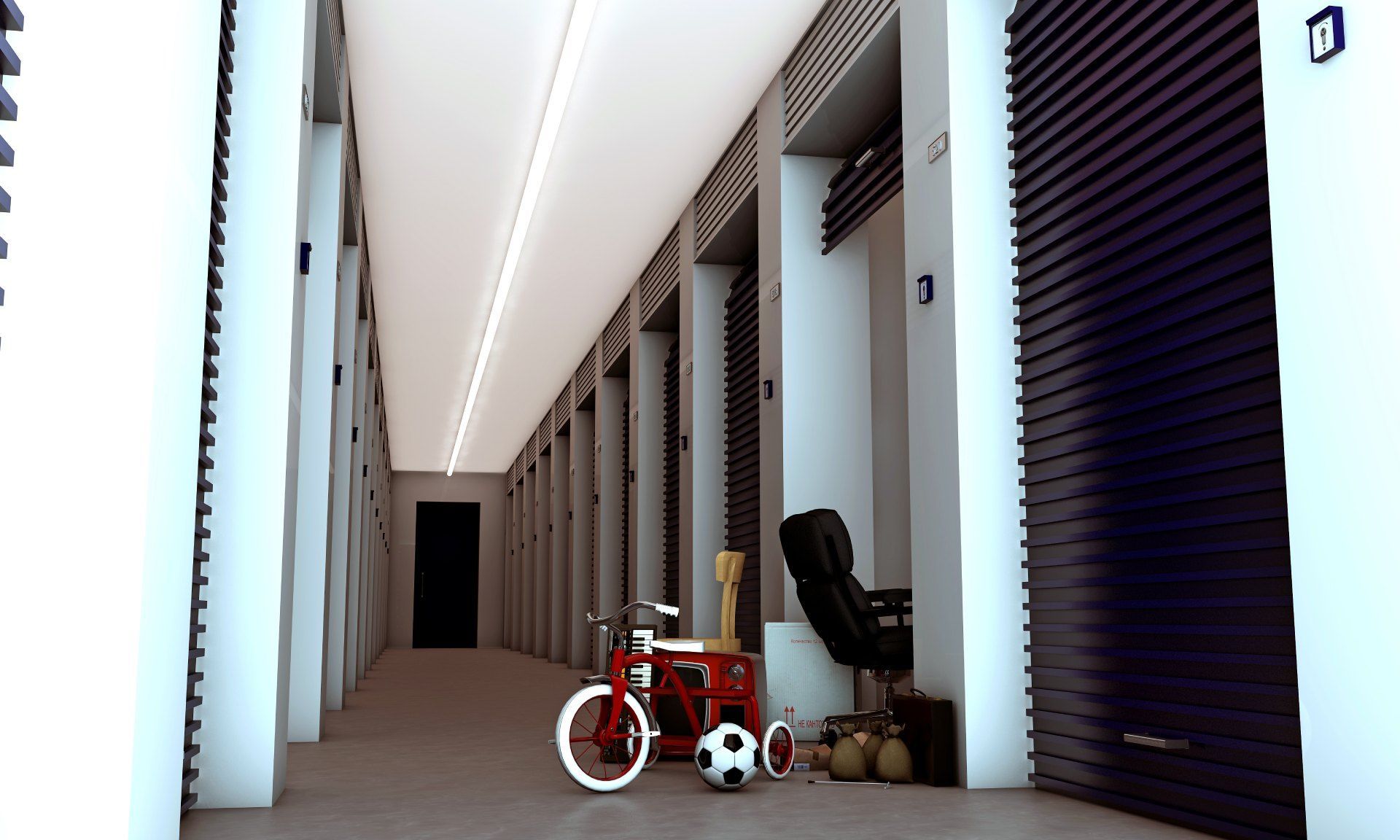 A row of storage units with a bicycle and a soccer ball in the middle