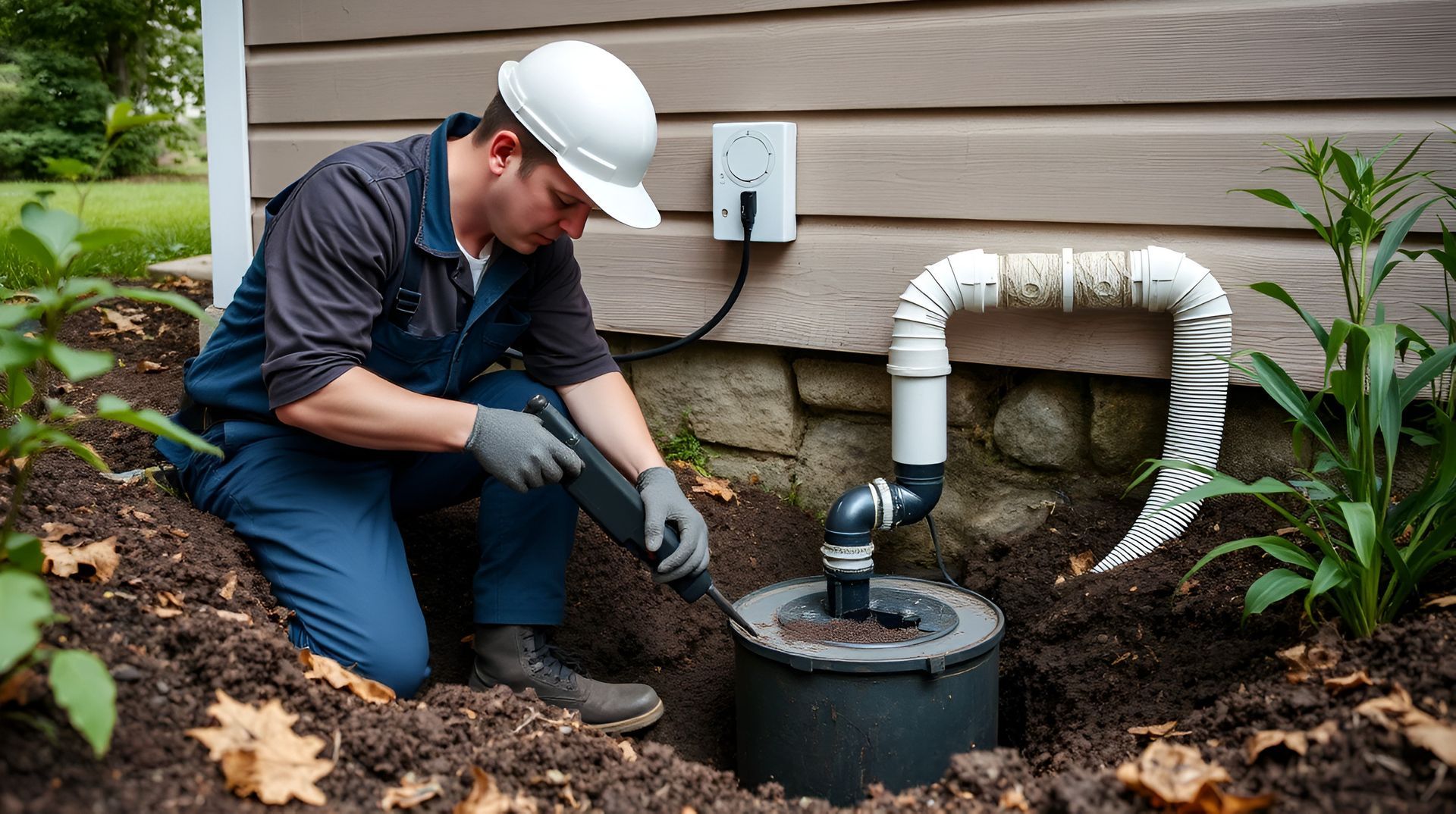 A man is kneeling in the dirt working on a septic tank.