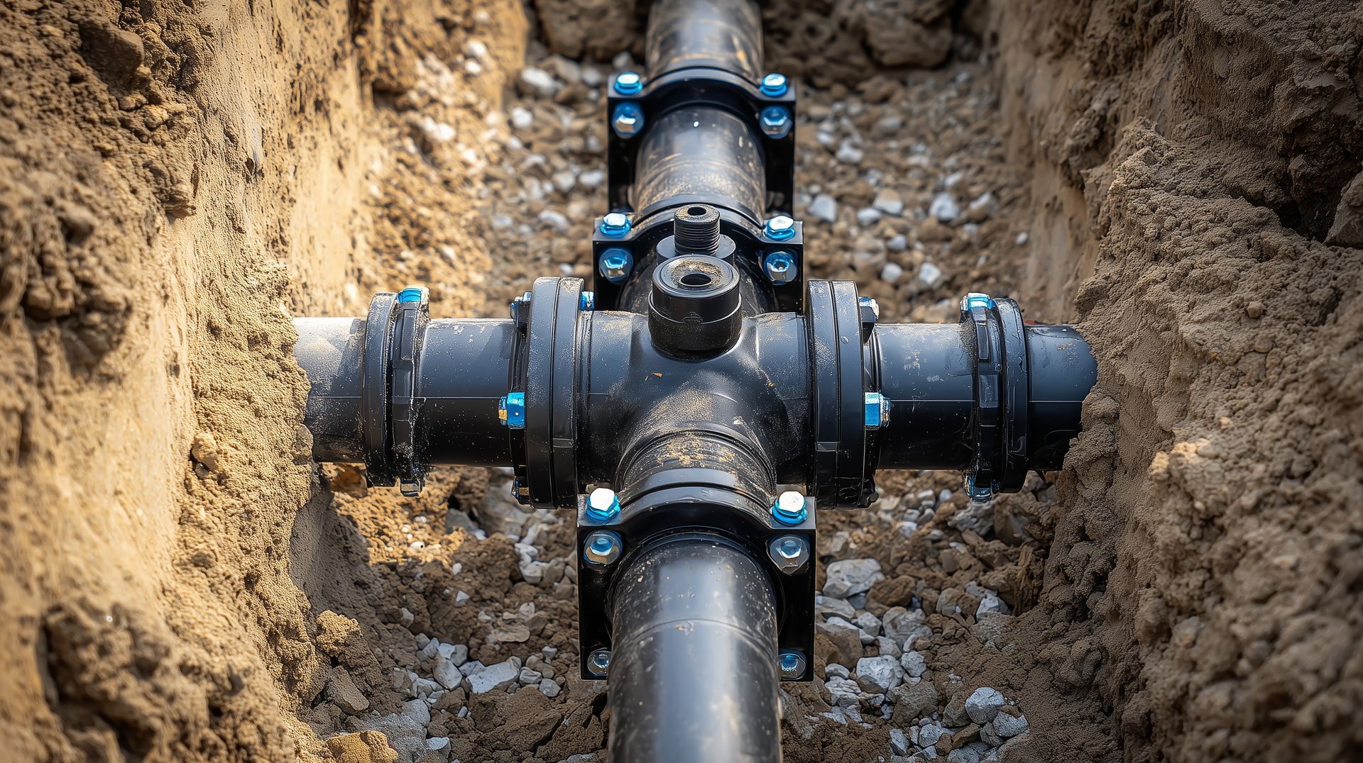 A water pipe is being installed in a trench.