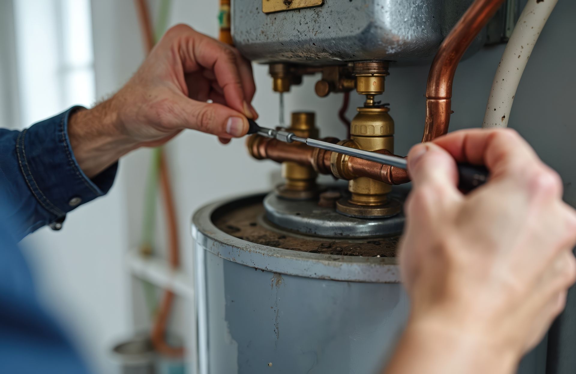 A man is fixing a water heater with a wrench.