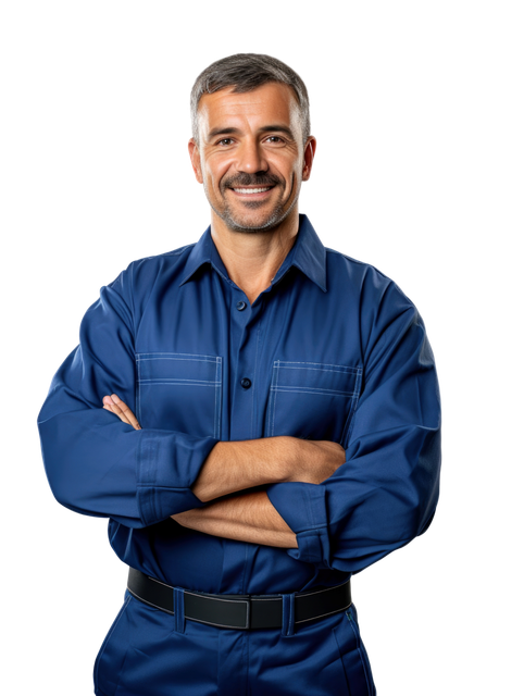 A man in a blue uniform is standing with his arms crossed and smiling.