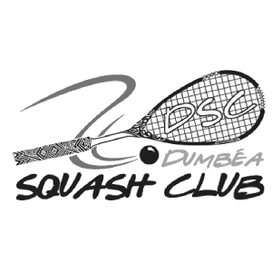 A black and white logo for a squash club