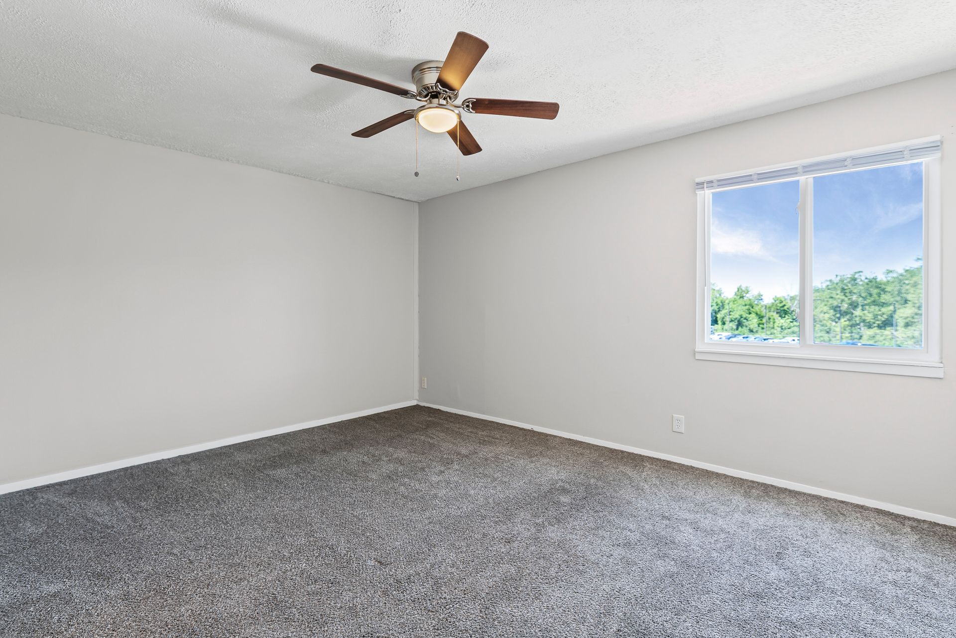Empty bedroom with gray carpet, pale gray walls, ceiling fan, and a window with a view of trees.