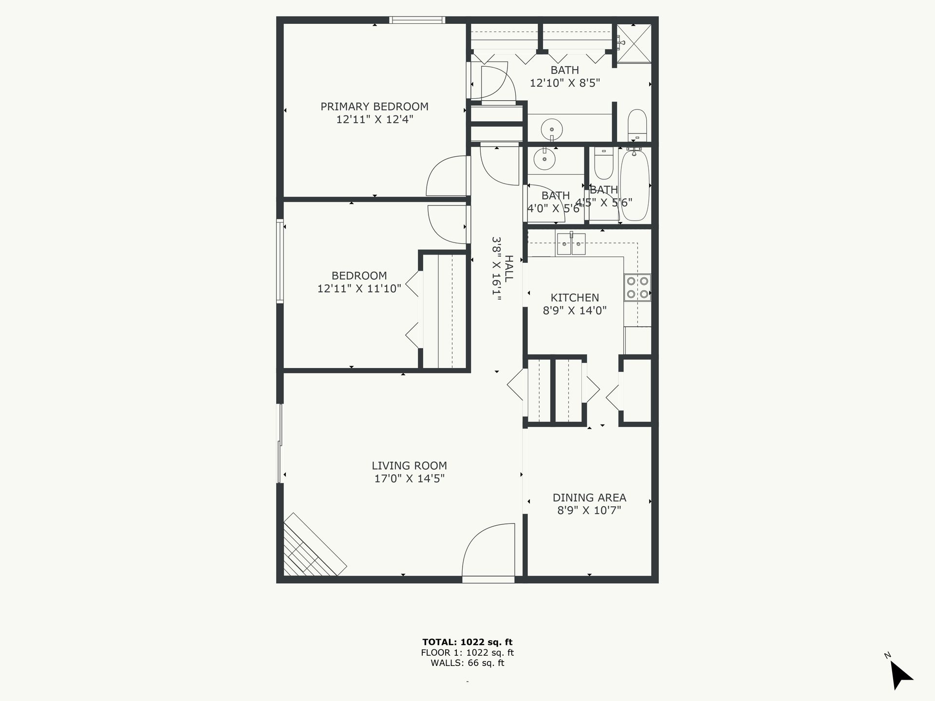 Floor plan of a two-bedroom apartment with kitchen, living area, and bathroom.