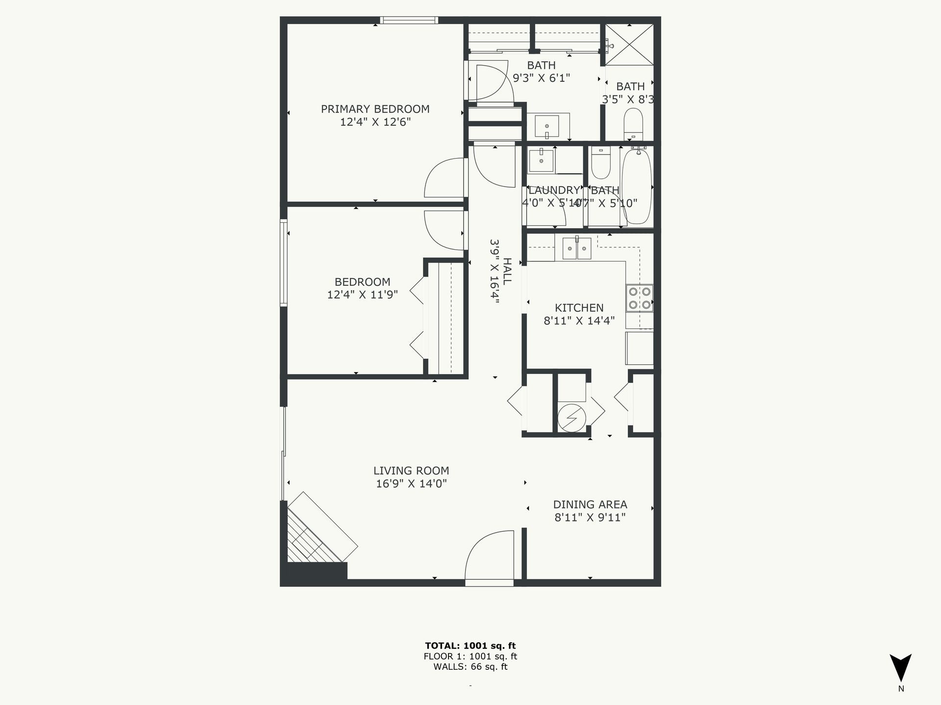 Floor plan of an apartment layout with two bedrooms, kitchen, living room, and bathrooms.