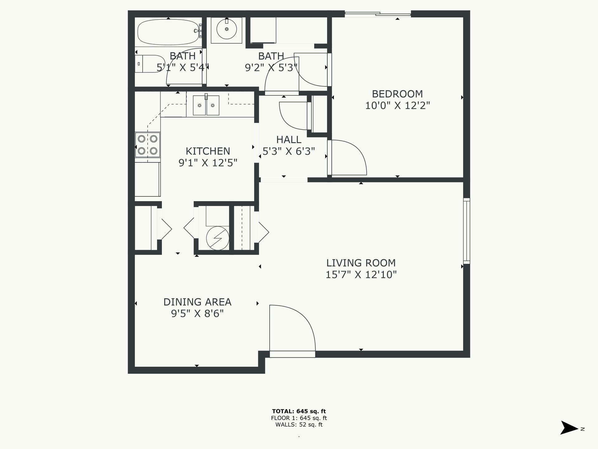 Floor plan of a one-bedroom apartment, featuring a living room, dining area, kitchen, bedroom, and two bathrooms.