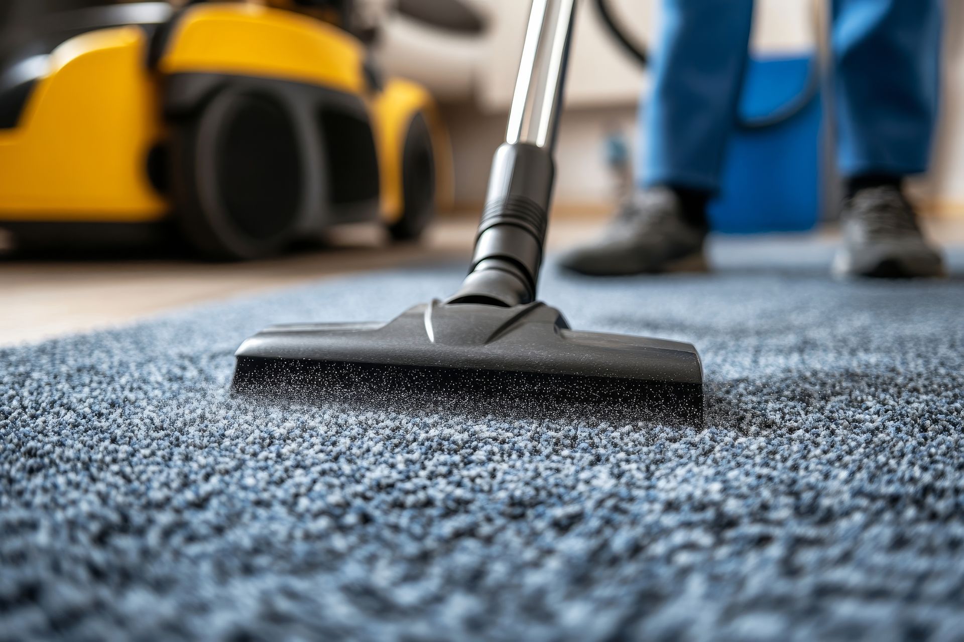 A person is using a vacuum cleaner to clean a blue carpet.