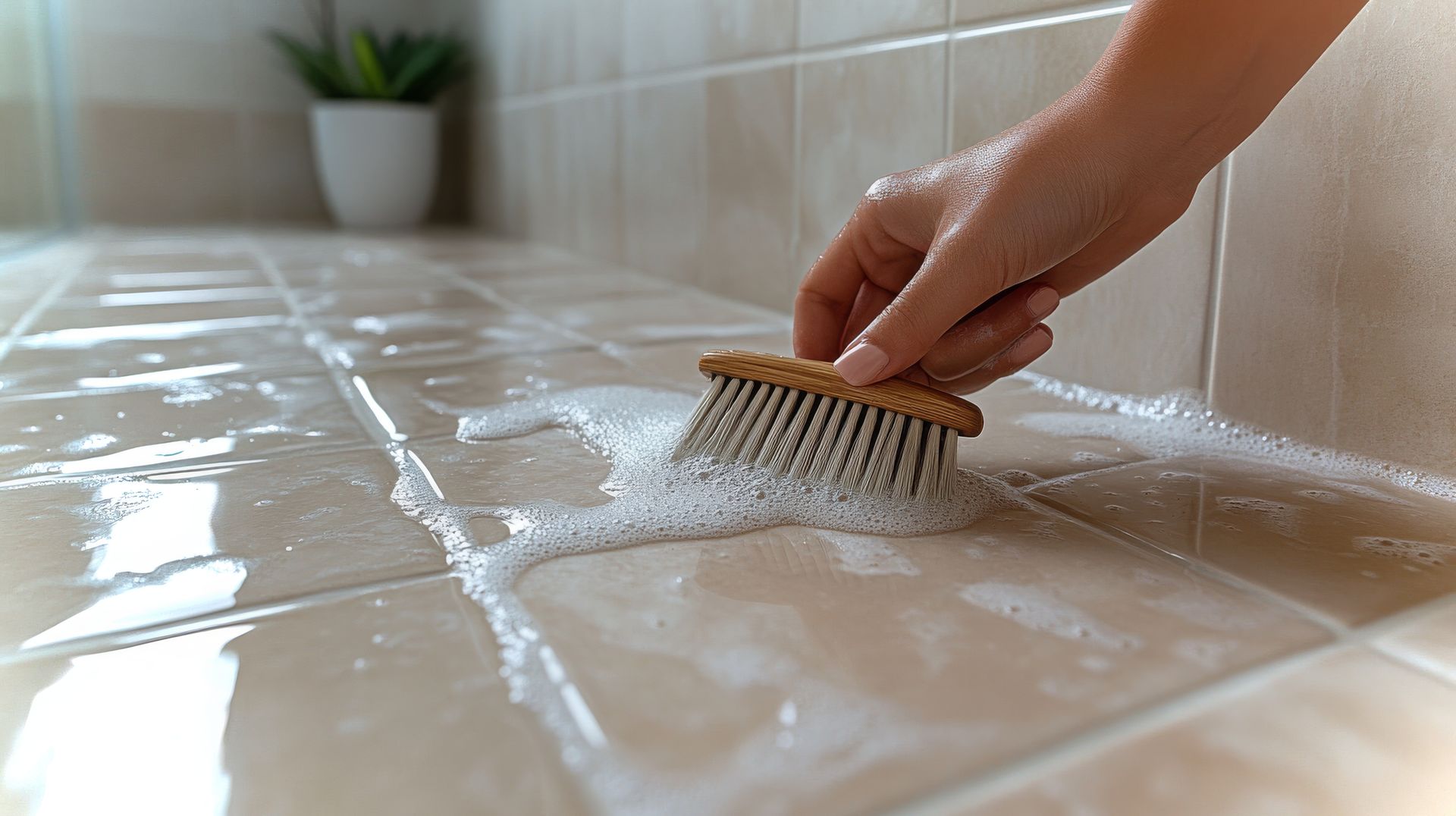 A person is cleaning a tiled floor with a brush in a bathroom.