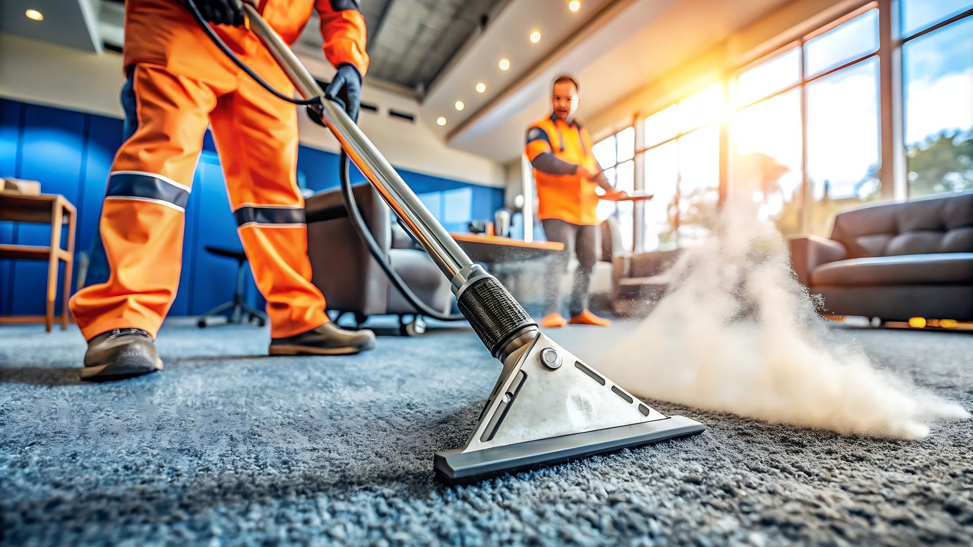 A man is using a vacuum cleaner to clean a carpet in a living room.