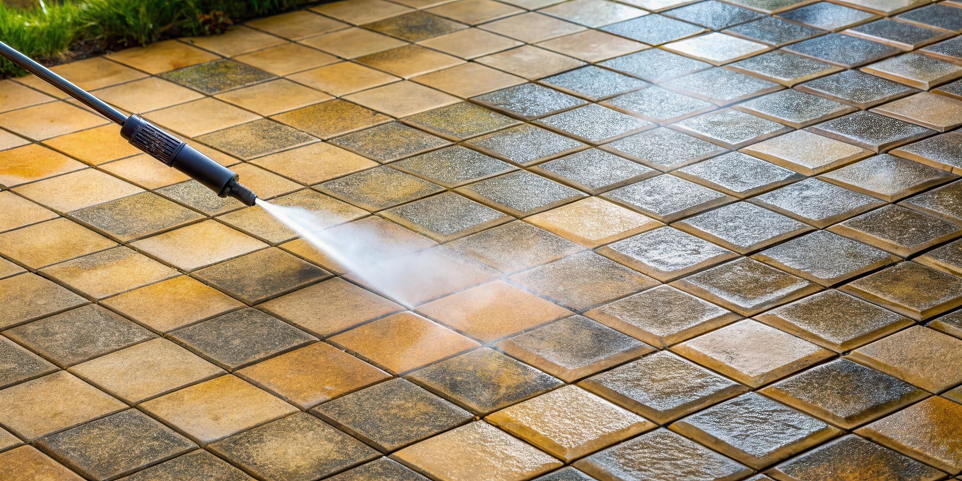 A person is using a high pressure washer to clean a brick walkway.