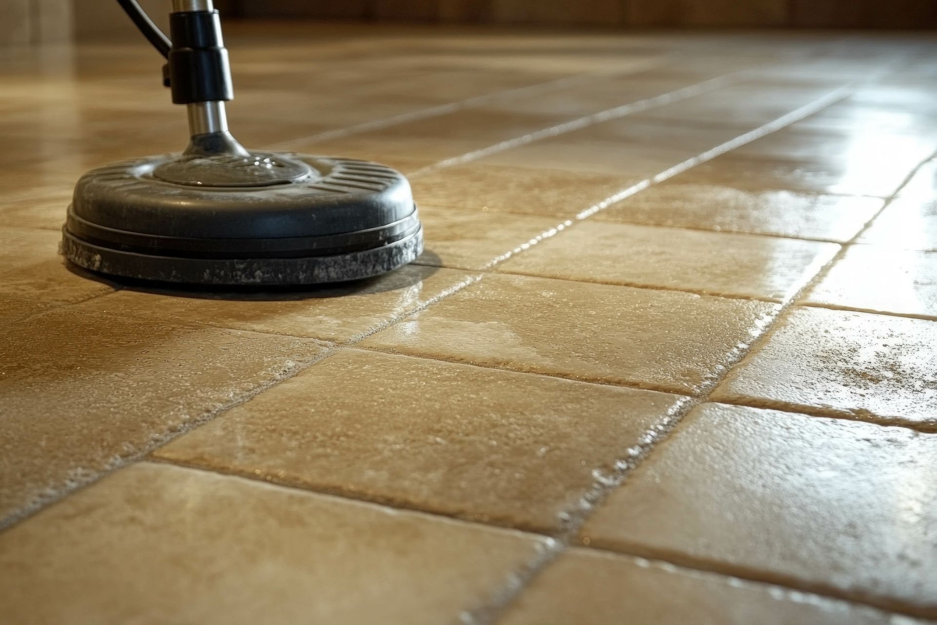 A tile floor is being cleaned with a machine.