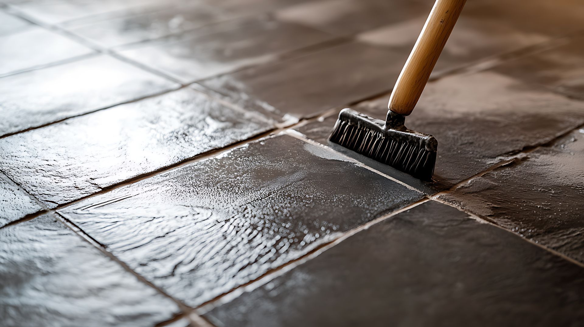 A person is cleaning a tiled floor with a broom.