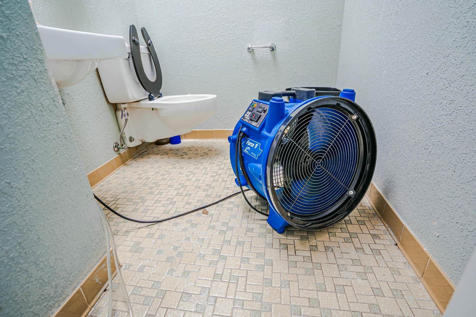 A blue fan is sitting in a bathroom next to a toilet.