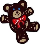 A brown teddy bear with blue eyes and a red bow.