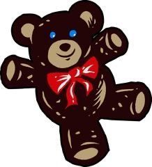 A brown teddy bear with blue eyes and a red bow.