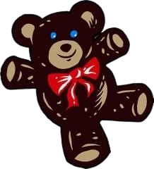 A brown teddy bear with blue eyes and a red bow.