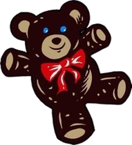 A brown teddy bear with blue eyes and a red bow.