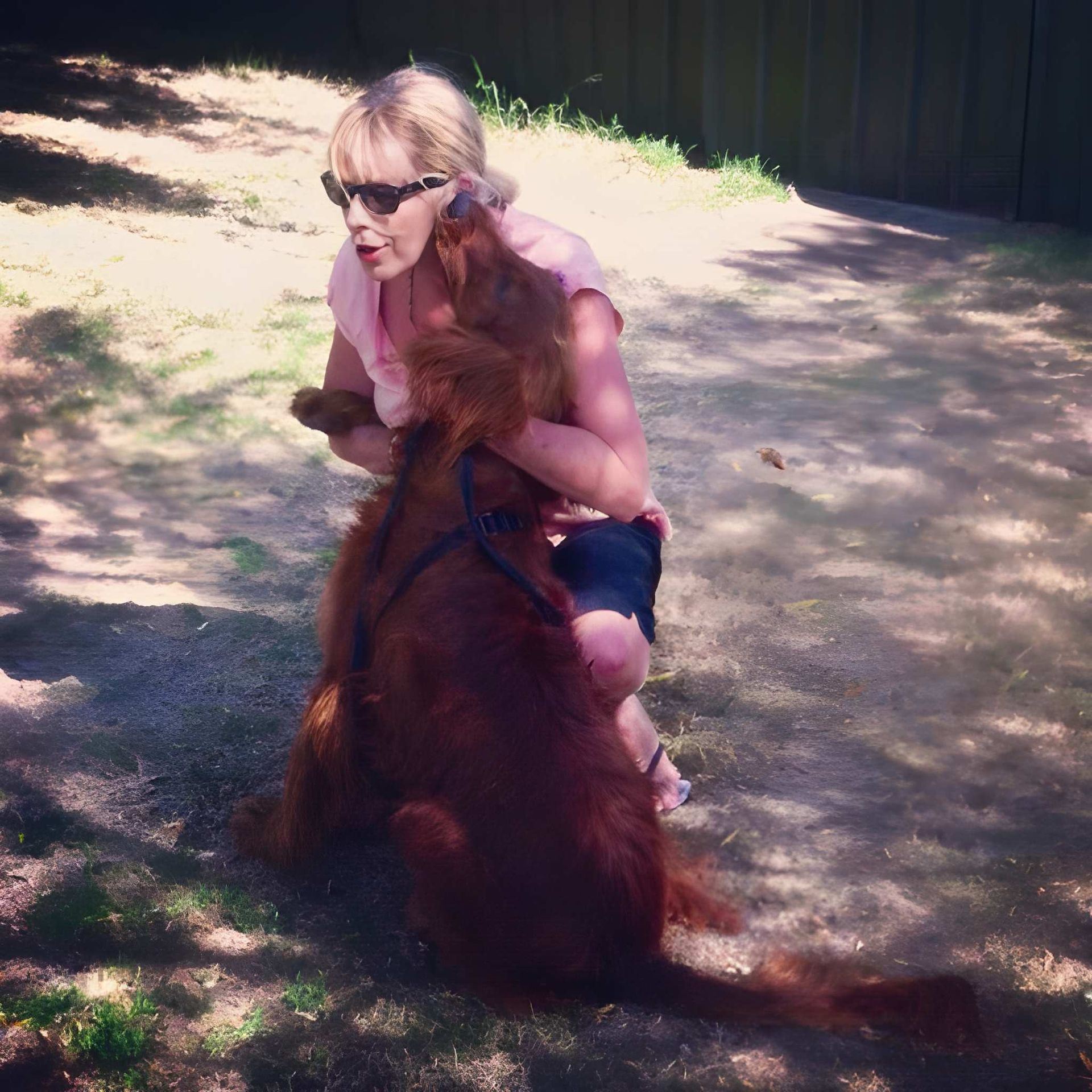 Woman Kneeling, Hugging a Reddish-brown Irish Setter — Auramist Lodge Dog Boarding & Cattery In Salt Ash, NSW